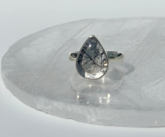 Black Rutile in Quartz Ring - Size R