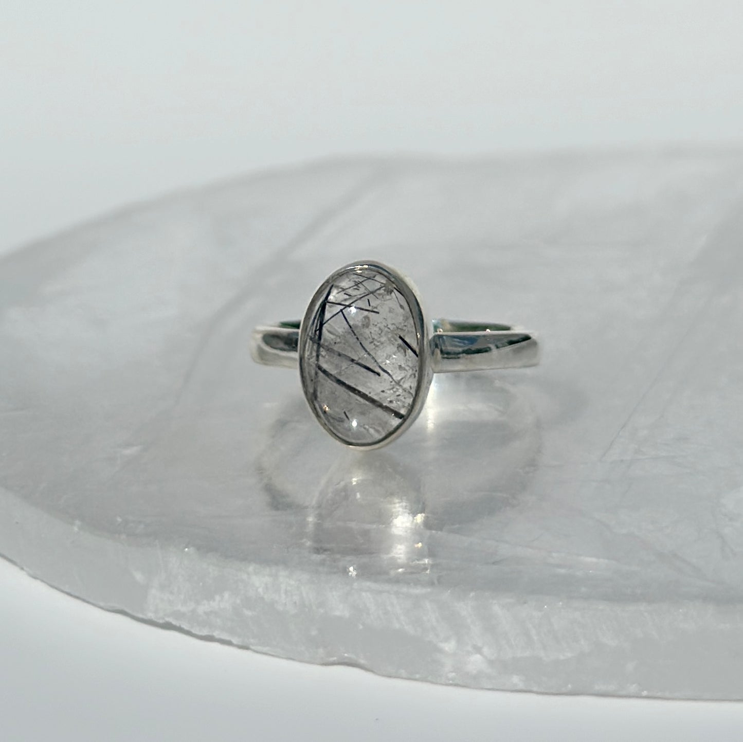 Black Rutile in Quartz Ring - Size P 1/2