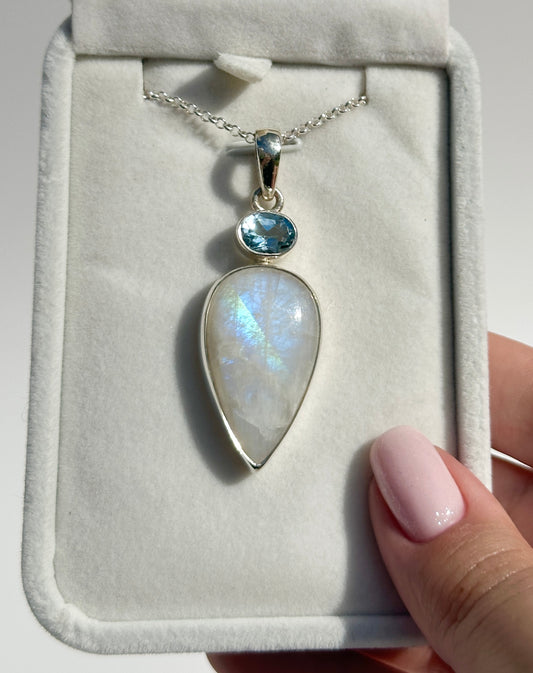 Rainbow Moonstone & Swiss Blue Topaz Pendant