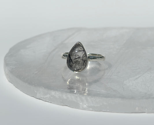 Black Rutile in Quartz Ring - Size R 1/2