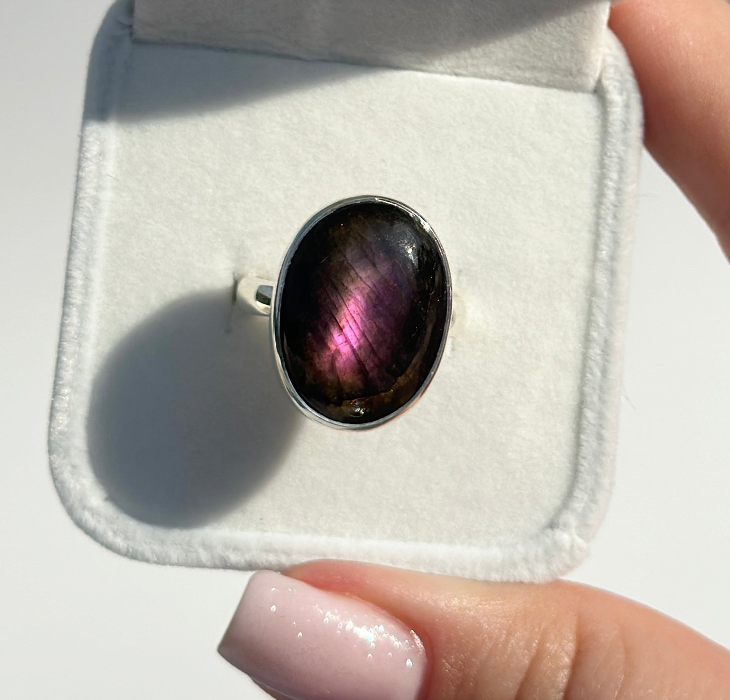 Pink Flash Labradorite Ring - Adjustable