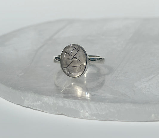 Black Rutile in Quartz Ring - Size L 1/2