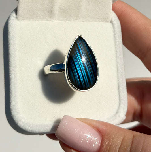 Striped Blue Flash Labradorite Ring - Adjustable