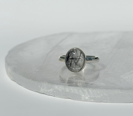 Black Rutile in Quartz Ring - Size P 1/2