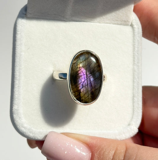 Purple & Peacock Flash Labradorite Ring - Adjustable