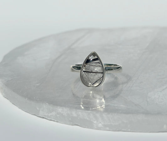 Black Rutile in Quartz Ring - Size N 1/2