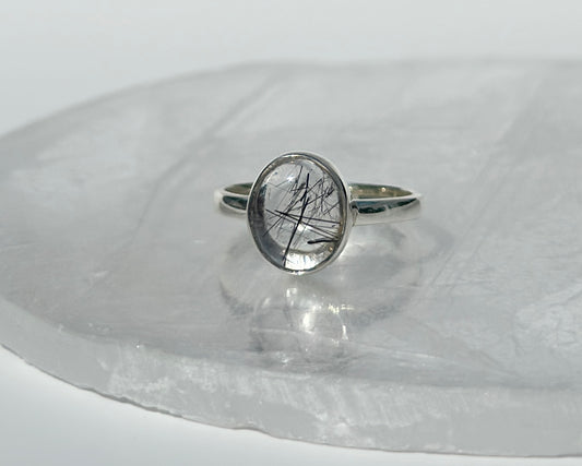 Black Rutile in Quartz Ring - Size R 1/2