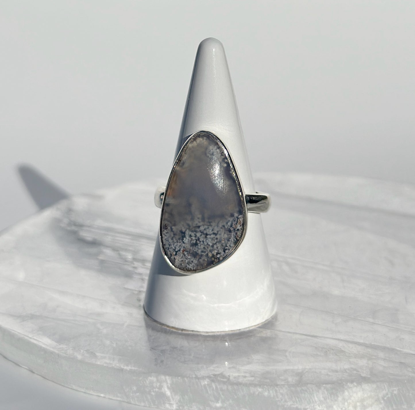 Indonesian White Moss Agate Ring - Adjustable