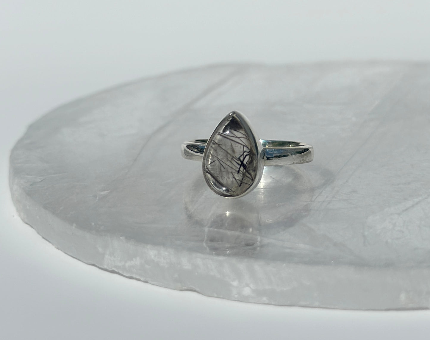 Black Rutile in Quartz Ring - Size P 1/2