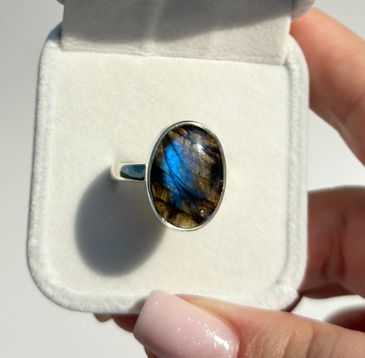 Blue & Gold Flash Labradorite Ring - Size Q